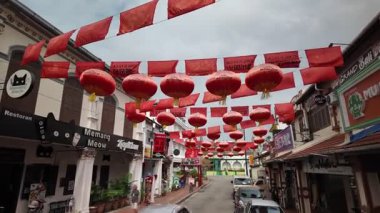 Bandar Hilir, Melaka, Malaysia - Mar 05 2024: Walking gimbal view exploring colonial architecture in Melaka town.