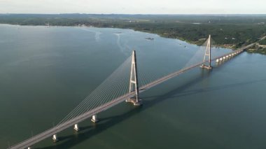 Kong Kong, Johor, Malaysia - Apr 29 2024: Johor River Bridge seen from the sky, linking key routes in Johor.