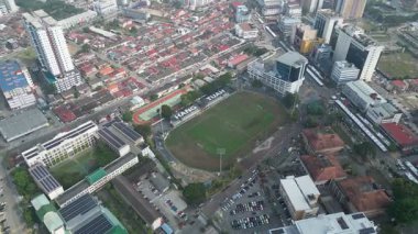 Bandar Hilir, Melaka, Malaysia - Mar 07 2024: Drone view showcasing the full architecture of Hang Tuah Stadium and nearby surroundings.