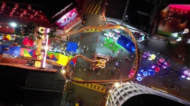 Bandar Hilir, Melaka, Malaysia - Mar 01 2024: Aerial night view of Jonker Street glowing with lights.