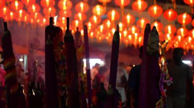 George Town, Penang, Malaysia - Feb 09 2024: Peaceful night scene of worship at Goddess of Mercy Temple.