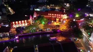 Bandar Hilir, Melaka, Malaysia - Mar 04 2024: Flying over the historic heart of Malacca with its rich past heritage in night