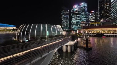 Marina Bay, Singapore - Jul 09 2024: A bridge over water with a city skyline in the background. The bridge is lit up at night