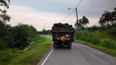 Batu Pahat, Johor, Malaysia - May 31 2024: A truck is driving down a road with a trailer on the back. The trailer is full of oil palm