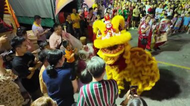 Bayan Lepas, Penang, Malaysia - Feb 14 2024: ellow lion costume is surrounded by a crowd of people at snake temple