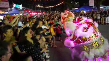 Bayan Lepas, Penang, Malaysia - Feb 14 2024: A group of people are watching a lion dance at snake temple