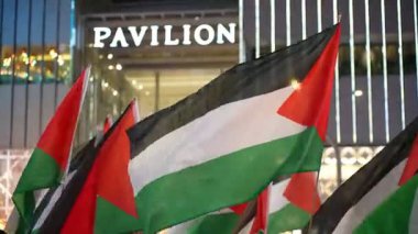 Bukit Bintang, Kuala Lumpur, Malaysia - Oct 26 2024: Flags of Palestine are flying in front of Pavilion premiere shopping store