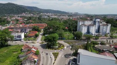 Batu Pahat, Johor, Malaysia - May 29 2024: Aerial roundabout at the town in morning