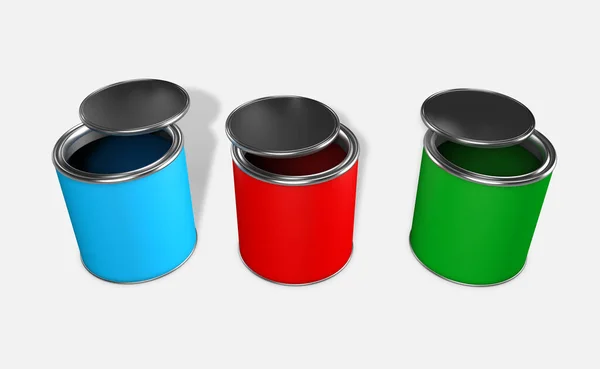 Rendering Tins Rgb Green Red Blue Colored Paint — Stock Photo, Image