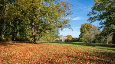 Stourhead Malikanesi 28 Ekim 2022 'de İngiltere' nin Stourton kentinde canlı sonbahar, sonbahar yaprakları ve sarı yapraklarla dolu bahçelerden görüldü.