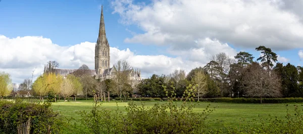 Salisbury Katedrali Nin Panoramik Görüntüsü Nisan 2023 West Walk Salisbury — Stok fotoğraf