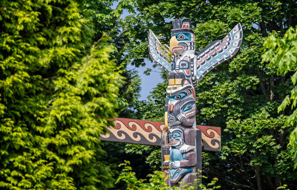 Close up of Totem Pole at Brockton Point in Stanley Park in Vancouver, British Columbia, Canada on 31 May 2023
