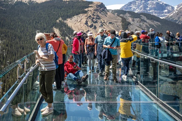 stock image Tourists standing on the glass floored observation deck of the Columbia Icefield Skywalk in Jasper National Park, Alberta, Canada on 6 June 2023