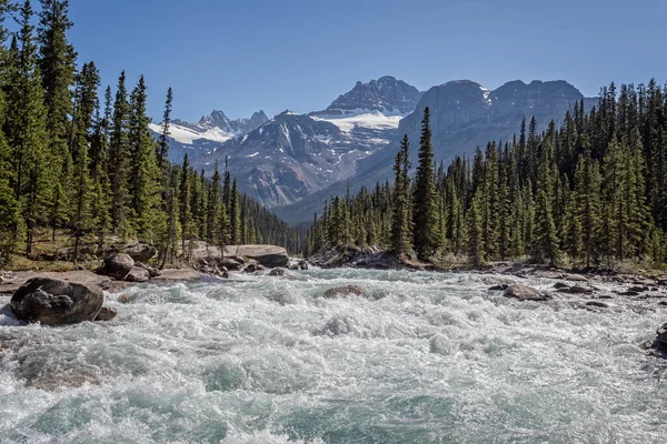 Ledovcová Bílá Řeka Zasněženými Horami Pozadí Národním Parku Banff Kanadských — Stock fotografie