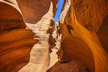 Antilop Kanyonu - 28 Nisan 2024 tarihinde Arizona, ABD 'de portakallı, sarı, mor ve mavi renkli yuva kanyonu