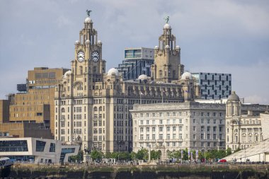 Royal Liver Binası ve The Cunard Binası 21 Mayıs 2024 'te Mersey Nehri, Liverpool, Merseyside, İngiltere' den görüldü.