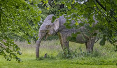 16 Haziran 2024 'te Suffolk, İngiltere' deki Somerleyton Hall 'da bir filin gerçek boyutlardaki kamış heykeli