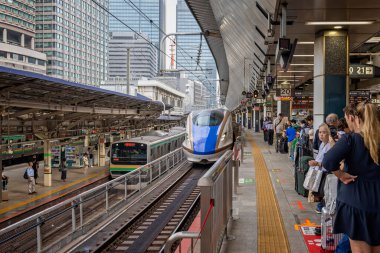 Japon mermi treni, Tokyo İstasyonu 'ndaki Shinkensen platformunda 7 Ekim 2024' te bir banliyö treninin yanında.