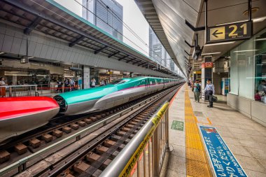7 Ekim 2024 'te Tokyo istasyonundaki Shinkensen platformunda bir çift Japon mermi treni.