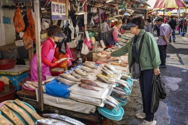 Müşteri 1 Ekim 2024 'te Jagalchi Balık Pazarı, Busan, Güney Kore' deki pazardaki balıklara işaret ediyor.