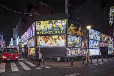 Neon display advertsing Japanese boy groups in Kabukicho, Japan on 9 October 2024 clipart