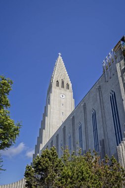 8 Haziran 2025 'te İzlanda' nın Reykjavik kentindeki Skolavorduholt tepesindeki Hallgrimskirkja Kilisesi 'nin ikonik kulesi