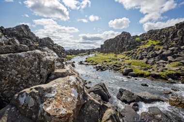 Şelaleden akan su, 9 Haziran 2025 'te İzlanda' daki Thingvellir Ulusal Parkı 'ndaki tektonik plakalar arasındaki yarık vadisinde akıyor.