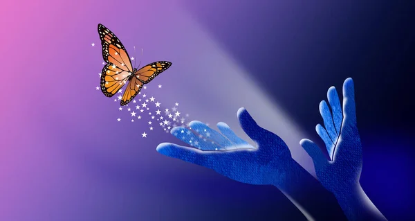 Konceptualna Abstrakcyjna Grafika Pary Rąk Otwartych Próbujących Skłonić Symbolicznego Motyla — Zdjęcie stockowe