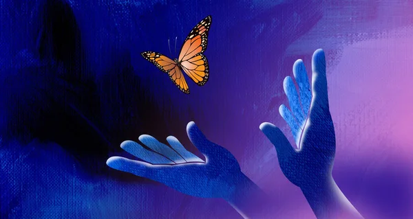 概念抽象的图画艺术 双手张开 试图捕捉或释放一只象征性蝴蝶 自由或陷阱隐喻 艺术可以用于独立 追逐梦想等主题 — 图库照片