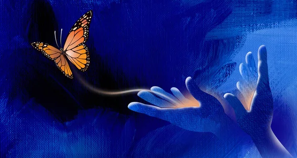 概念抽象的手绘艺术释放了标志性的帝王蝴蝶 图形背景可用于诸如自由 逃避和告别等主题 — 图库照片