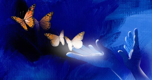Концептуальное Абстрактное Графическое Искусство Рук Открытых Выпуска Знаковой Бабочки Монарха — стоковое фото