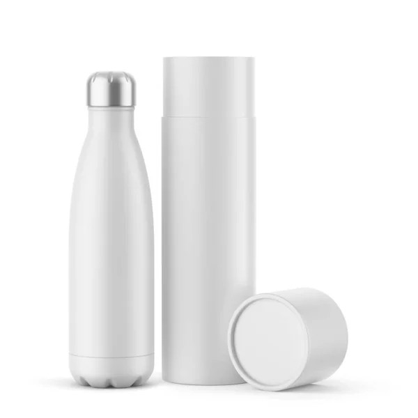 Soft Touch Thermos Bottle Metallic Cap Paper Tube Lying Lid Imagen de stock