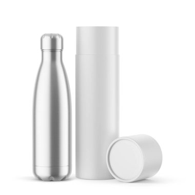 Metalik Termos Şişesi ve Kağıt Tüpü ve Yalancı Lid Mockup - Beyaz Görüntü Üzerine İzole edilmiş 3D
