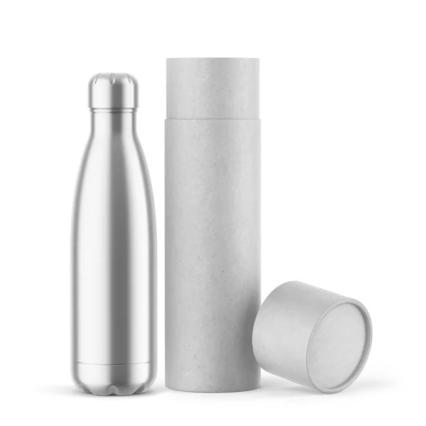 傾斜蓋付き金属製魔法瓶とクラフトチューブモックアップ 3DイラストIsolated White ストックフォト