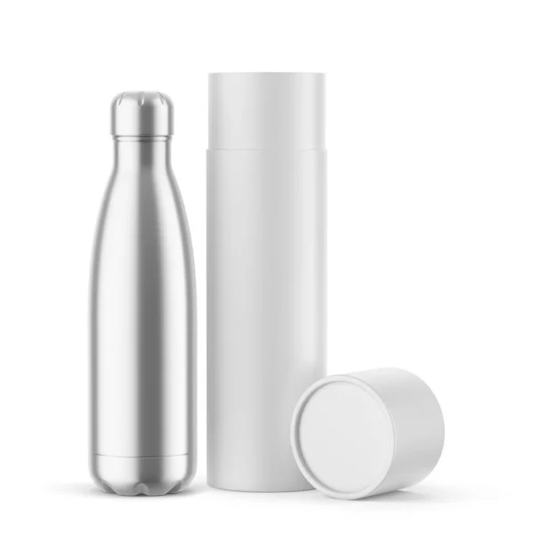 横にモックアップ付き金属製の魔法瓶と紙管 3DイラストIsolated White ストック写真