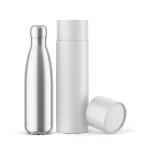 傾斜蓋付き金属製魔法瓶と紙管モックアップ 3DイラストIsolated White ストックフォト