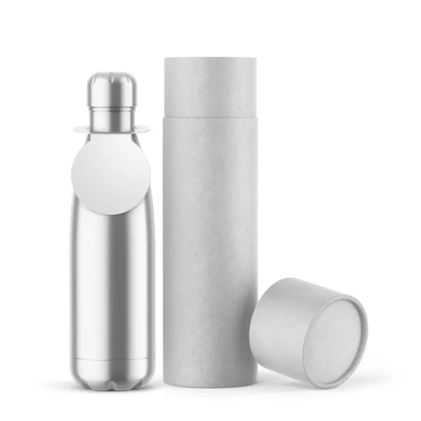 タイル張りの蓋付き金属製魔法瓶とクラフトチューブ 3DイラストIsolated White ロイヤリティフリーのストック画像
