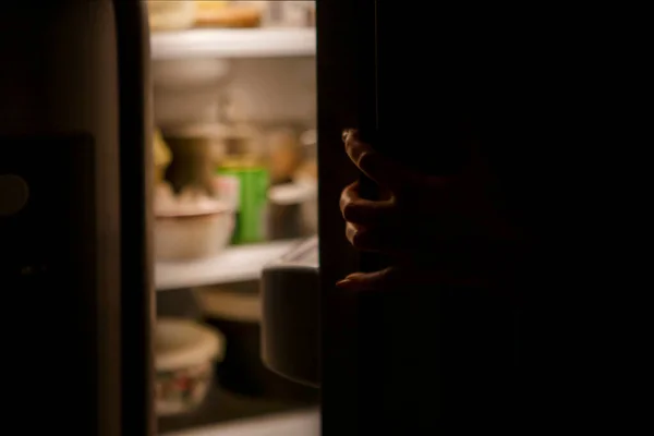 Woman Hand Open Refrigerator Night — Stock Photo, Image