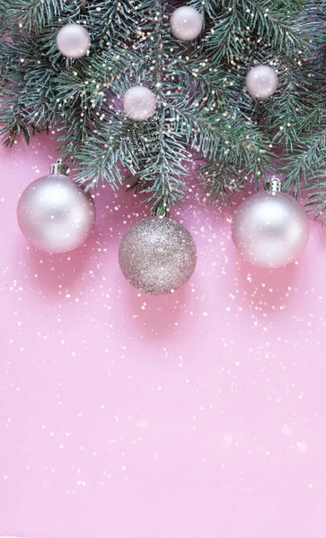 Natale Capodanno Composizione Festiva Con Rami Abete Bianco Dolci Palle — Foto Stock