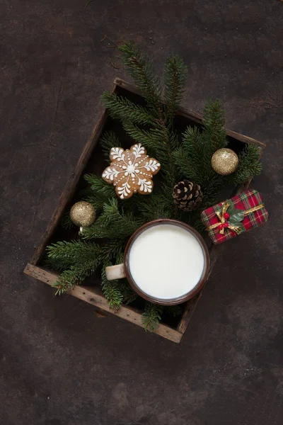 Fundo Natal Com Uma Xícara Leite Biscoitos Caseiros Para Papai — Fotografia de Stock