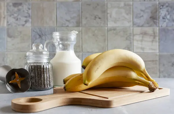 Ingredientes Para Fazer Batido Banana Close Foco Seletivo — Fotografia de Stock