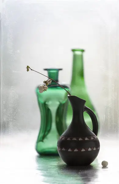 Still Life Transparent Green Colored Glass Bottles Vase — Stock Photo, Image