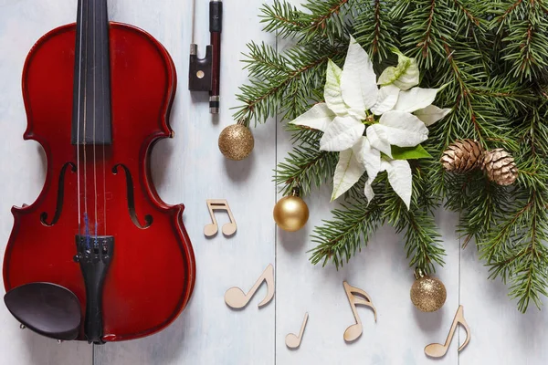 Old violin, wooden notes signs and fir-tree branches with Christmas decor and white poinsettia. Christmas, New Year\'s concept. Top view, close-up