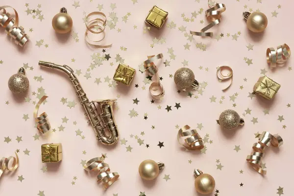 Miniature Golden Saxophone Copy Festive Christmas New Year Golden Colored — Stock Photo, Image