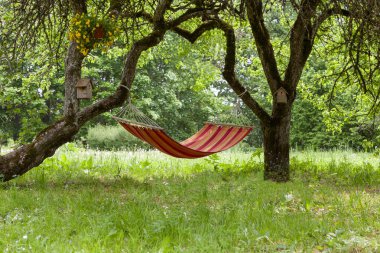 Beautiful landscape with red hammock in the summer garden. Concept for relaxation, rural tourism. Selective focus	
