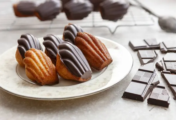 Biskuit Klasik Tradisional Prancis Madeleine Lemon Cookies Chocolate Glaze — Stok Foto