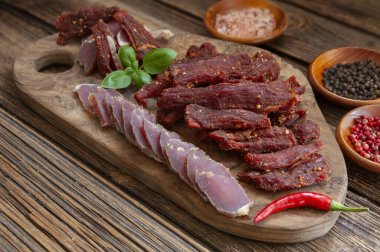 Acı biber ve baharatlı kurutulmuş sığır eti kurutulmuş kurutulmuş et.