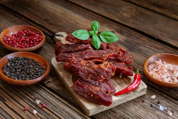 Dry Beef Meat Jerky Biltong Hot Pepper Chilli Spice Stock Photo
