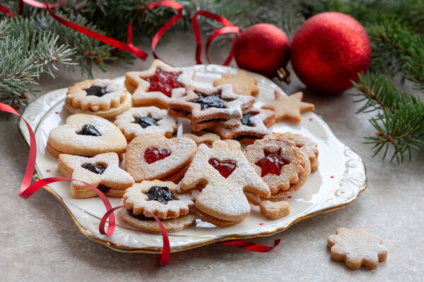 Traditional Tasty Homemade Linzer Cookies Jam Christmas Decorations Stock Image