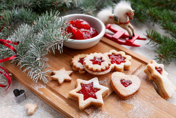 Traditional Tasty Homemade Linzer Cookies Jam Christmas Decorations Royalty Free Stock Photos